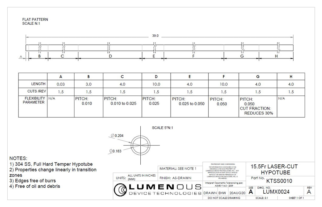 1000mm 15.5Fr Laser Cut Hypotube (1pcs/bag) $250